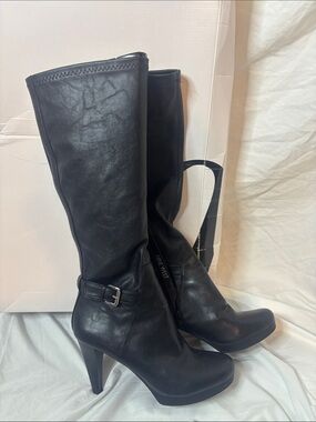 Nine West Black Leather High Heel Mid-Calf Boots with Buckle